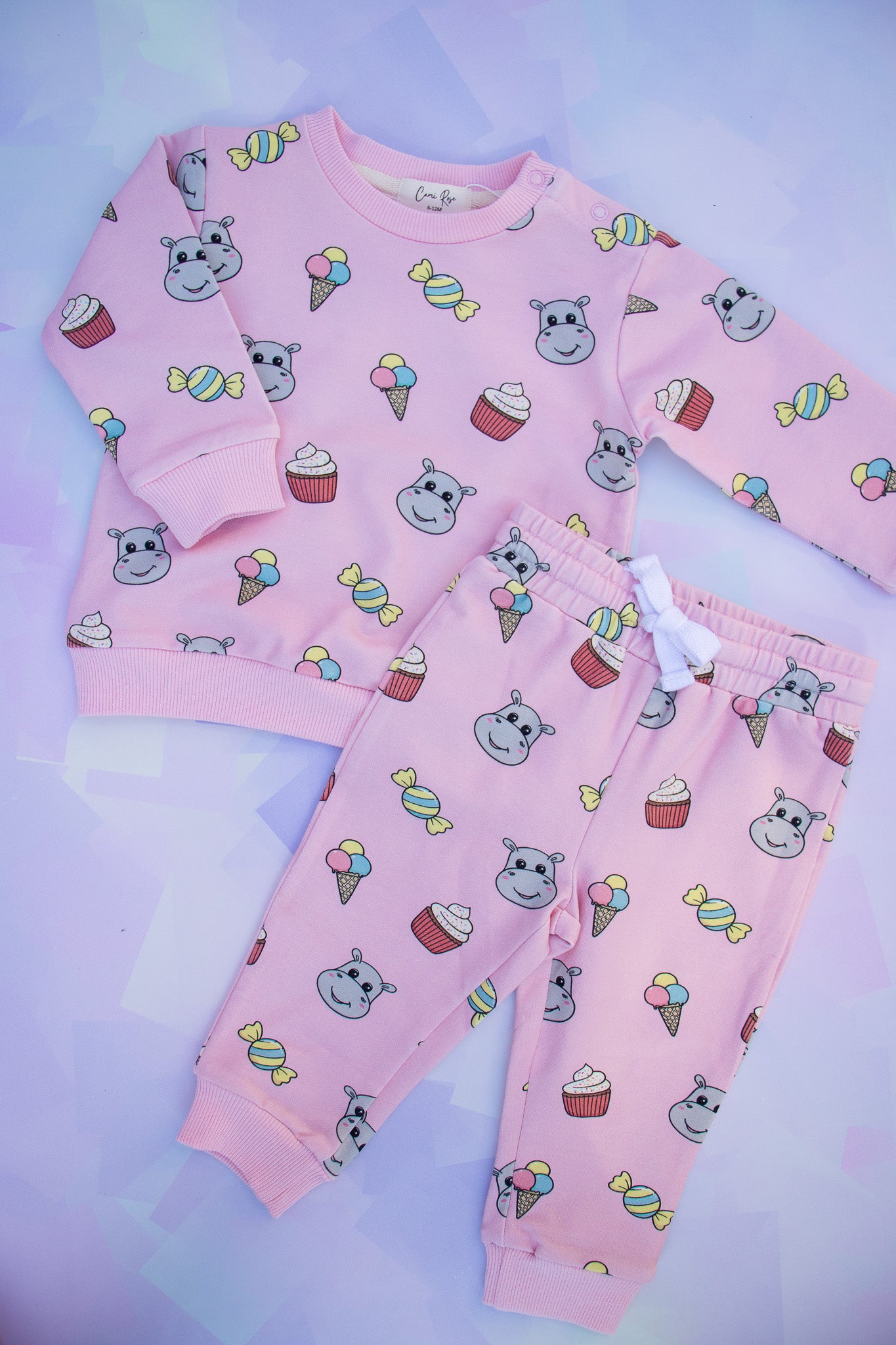 candy print kids lounge set with our exclusive hungry hippo design