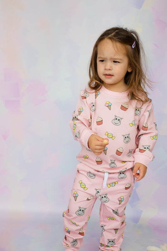 candy print kids lounge set with a cute hungry hippo design