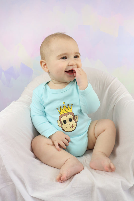 baby boy sitting down wearing a pastel blue long sleeve romper with a cute monkey design on it.