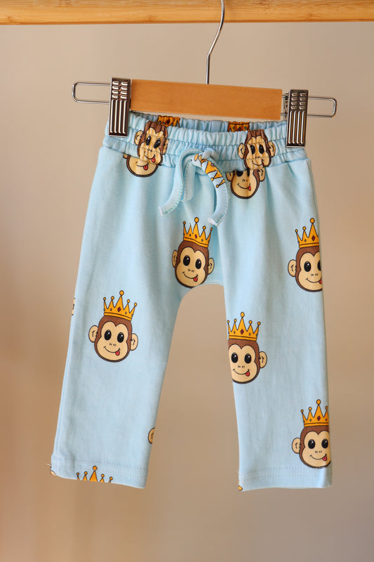 baby blue pants with elastic waist, fake drawstring and a cute monkey design printed