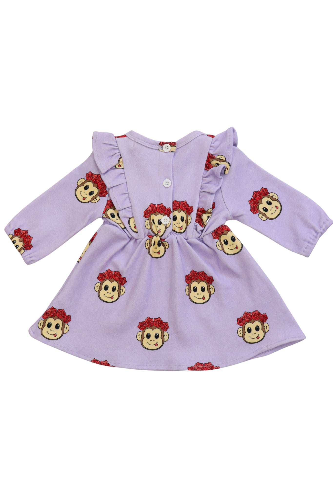baby girl long sleeve purple dress with frill designs and monkey faces all over