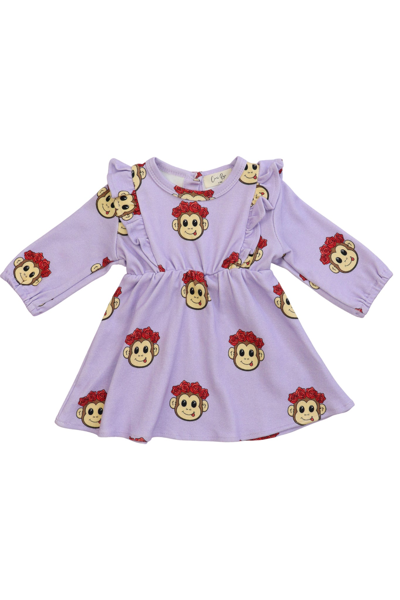 baby girl pastel purple dress with cute monkey faces all over and frill shoulder detail